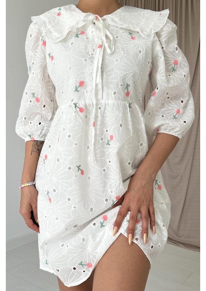 Pembe Bebe Yakalı Brode Elbise