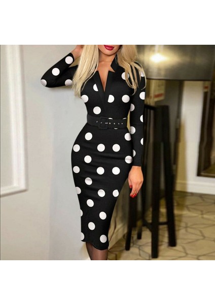 Kadın Uzun Kollu V Yaka Puantiyeli Krep Midi Boy Elbise