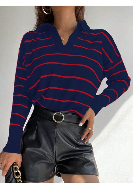 Kadın Uzun Kollu V Yaka Çizgili Triko Bluz