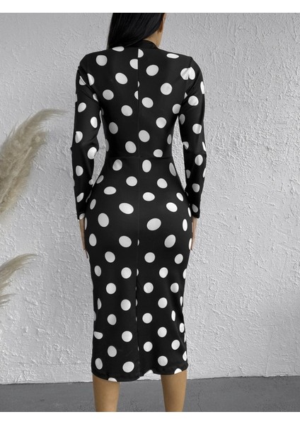 Kadın Uzun Kollu V Yaka Puantiyeli Krep Midi Boy Elbise indirimleri