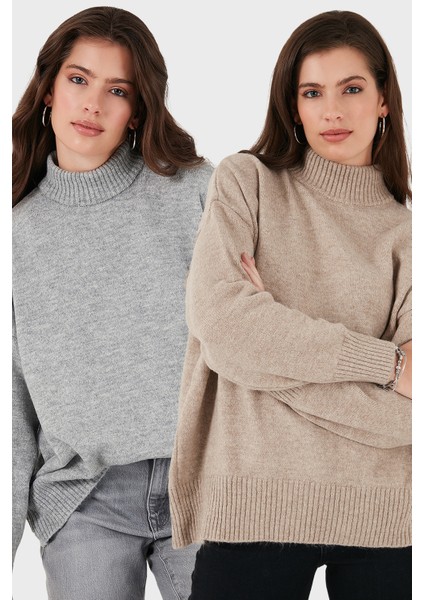 Oversize Fit Balıkçı Yaka Yumuşak Dokulu 2'li Paket Triko Kazak Bayan Kazak 680KZ00469S2