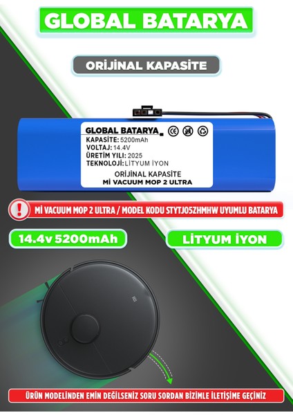 Xiaomi Mi Robot Vacuum Mop 2 Ultra Uyumlu Akıllı Robot Süpürge Bataryası 14.4V 5200MAH Li-Ion Pil (Orijinal Kapasite)