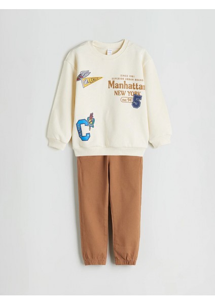 Lcw Kids Bej Bisiklet Yaka Erkek Çocuk Sweatshirt ve Eşofman Alt