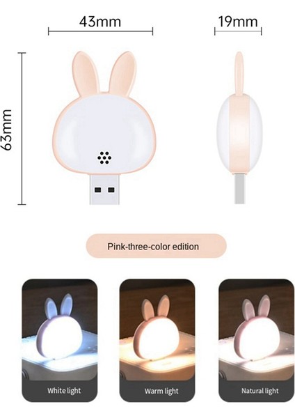 2pcs USB Okuma Lambası, Mini Tavşan Gece Işığı, Akıllı Ses 3 Renkli Masa Lambası Yatak Odası Çocuk Odası Pembe (Yurt Dışından)