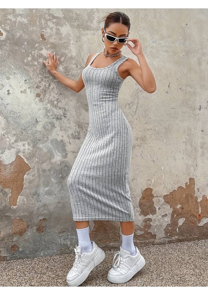 Kadın Kalın Askılı Kare Yaka Fitilli Kaşkorse Midi Boy Elbise