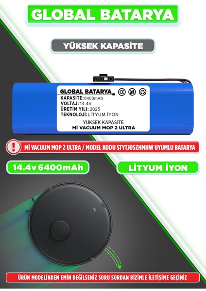 Xiaomi Mi Robot Vacuum Mop 2 Ultra Uyumlu Robot Süpürge Bataryası 14.4V 6400MAH Li-Ion Pil (Yüksek Kapasite)