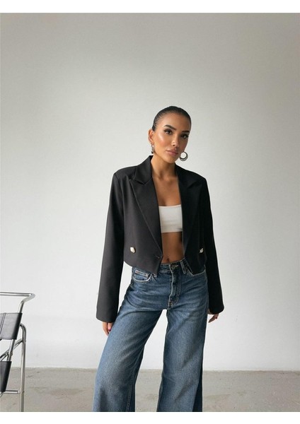 Arkası Inci Düğme Detaylı Crop Ceket - Siyah indirimleri