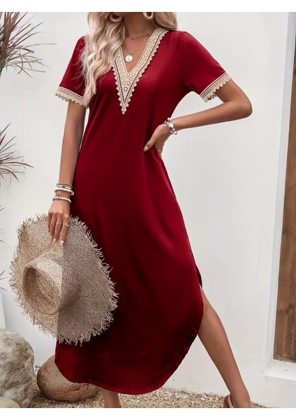 Kadın Kısa Kollu Dantel V Yakalı Uzun Viskon Elbise