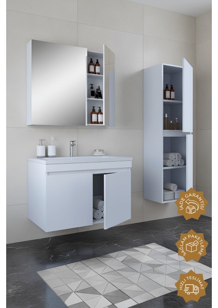 Tokyo 65 Cm Beyaz Mdf Banyo Dolabı Seti + Boy Dolabı