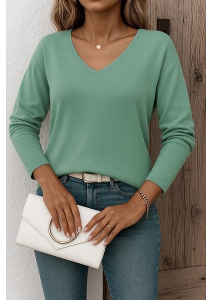 Kadın Uzun Kollu V Yaka Triko Bluz
