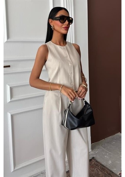 Aesco Yelek Plazzo Pantolon Çizgili Flamlı Poliviscon Takım 10178 fırsatları