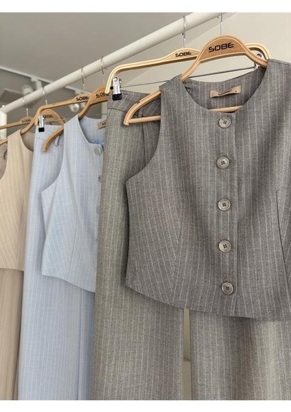 Aesco Yelek Plazzo Pantolon Çizgili Flamlı Poliviscon Takım 10178