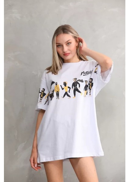 Unisex Bisiklet Yaka Baskılı Oversize T-Shirt - Beyaz fiyatları