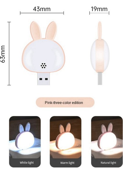 2pcs USB Okuma Lambası, Mini Tavşan Gece Işığı, Akıllı Ses 3 Renkli Masa Lambası Yatak Odası Çocuk Odası Pembe + Beyaz (Yurt Dışından)