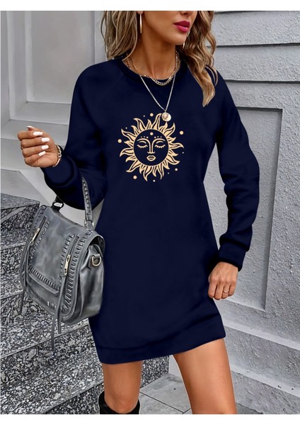 Kadın Uzun Kollu Bisiklet Yaka Güneş Desenli Viskon Iki Iplik Elbise