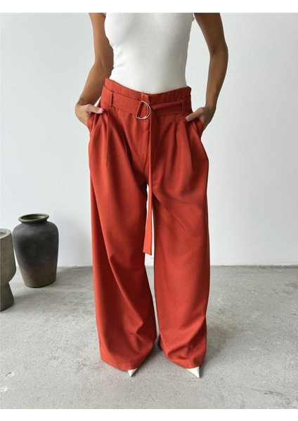 Palazzo Pantolon Kumaş Kemer Detaylı - Kiremit modelleri