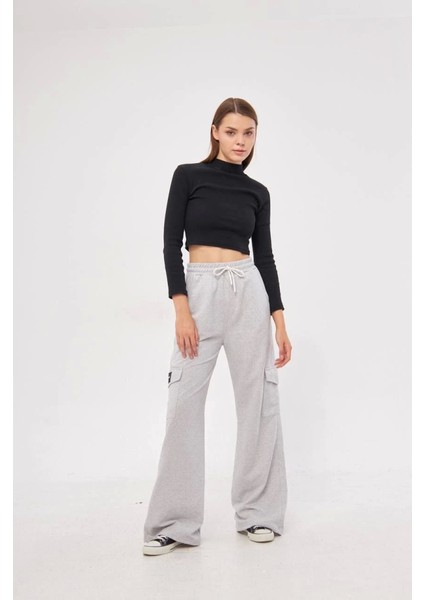 Kargo Cepli Palazzo Oversize Kesim Iki Iplik Bol Paça Eşofman Altı Pantalon - Gri