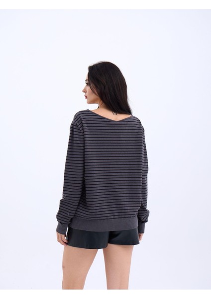 4215 Triko Çizgili Salaş Kazak-Antrasit-Siyah