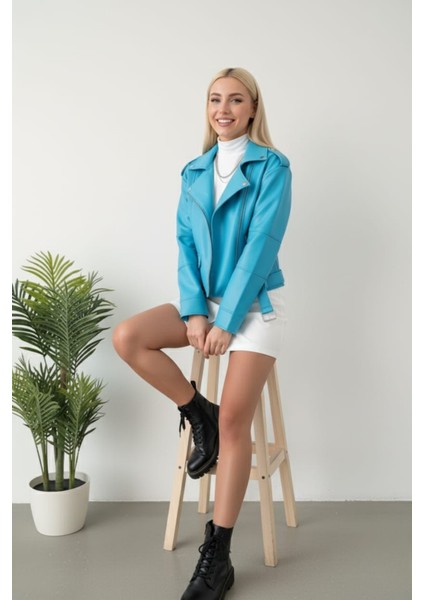 Kadın Fermuar ve Kemer Detaylı Deri Ceket