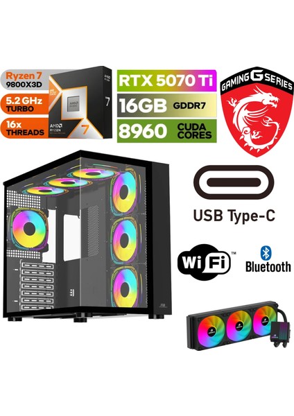 Gaming Pc Ddr5 – Rtx 5070Tİ 16GB – Ryzen 7 9800X3D – 32GB – 64GB Ddr5 Ram – 1 Tb M.2 SSD – Windows 11 Pro – Sıvı Sogutmalı Masaüstü Bilgisayar