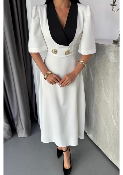 Tasarım Elbise Ceket Yaka Gold Düğme Detaylı Kısa Kol - Beyaz fırsatları