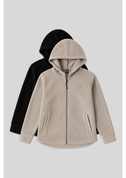 Rahat Form Kapüşonlu 2li Paket Siyah-Koyu Bej Kadın Polar Sweatshirt - 97233