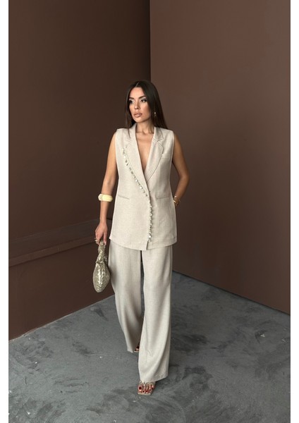 Aesco Yaka Midye Kabuğu Sıralı Yelek - Pantolontakım Keten Kumaş - Ham