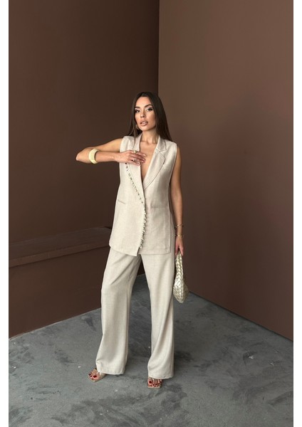 Aesco Yaka Midye Kabuğu Sıralı Yelek - Pantolontakım Keten Kumaş - Ham fırsatları