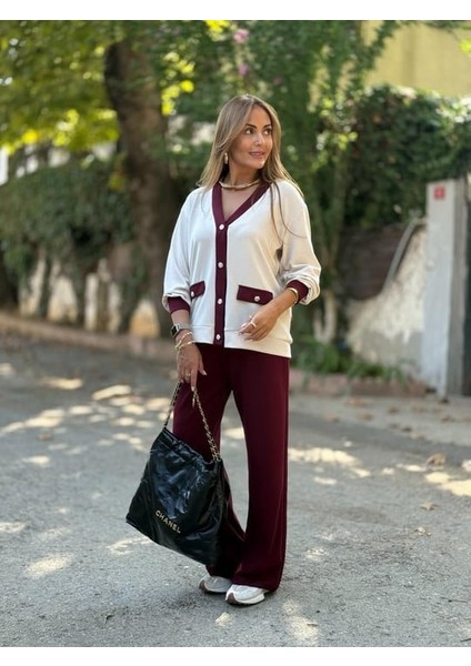 Kadın Uzun Kollu Ribanali Cep Detay Hırka ve Bol Paça Pantolon Ikili Takım