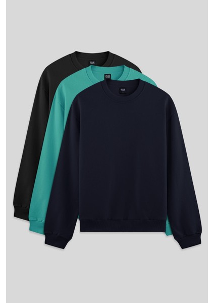 Standart Fit Basic O Yaka 3lü Paket Siyah-Lacivert-Deniz Yeşili Erkek Sweatshirt - 88363
