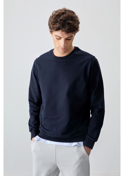 Standart Fit Basic O Yaka 3lü Paket Siyah-Lacivert-Deniz Yeşili Erkek Sweatshirt - 88363 fırsatları