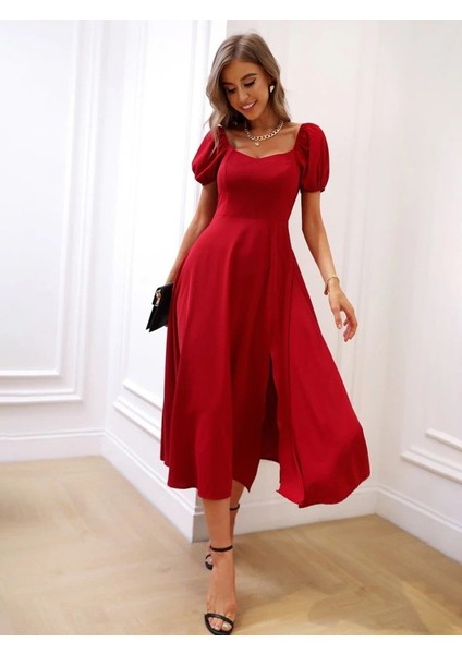 Kadın Kısa Kollu Kare Yakalı Yırtmaçlı Midi Janjan Krep Elbise modelleri