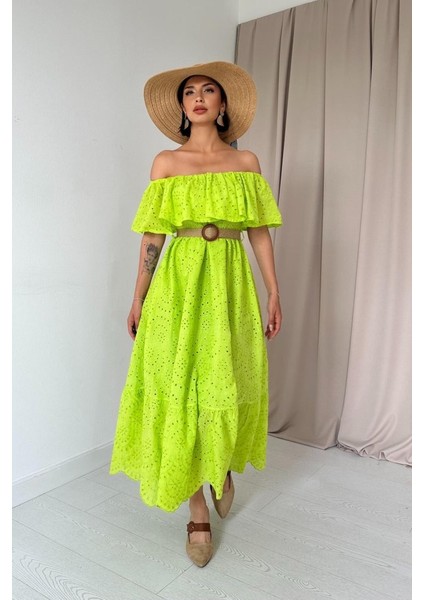 Yağ Yeşili Omzu Lastikli Brode Elbise