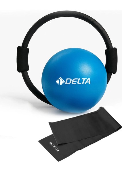 3’lü Pilates Seti – Siyah Çember + Siyah 120X15 cm Bant + Mavi 20 cm Denge Topu