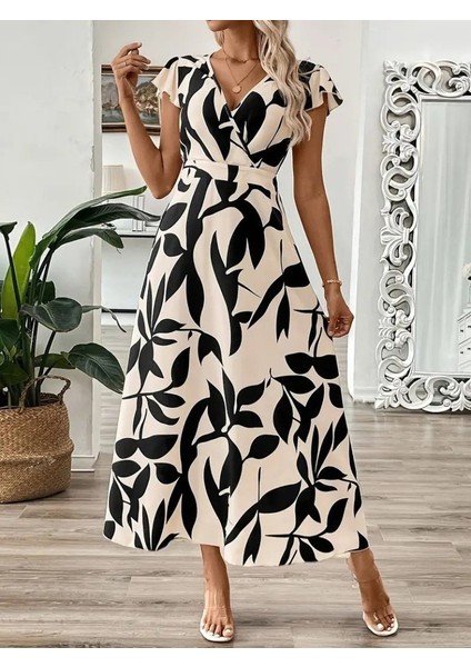 Kadın Kısa Kelebek Kollu Kruvaze Yaka Desenli Süprem Elbise fırsatları