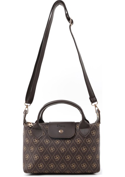 Monogram Baskılı Kahverengi SHK135 Suni Deri, Tek Bölmeli, Çift Askılı El, Kol ve Çapraz Omuz Çantası