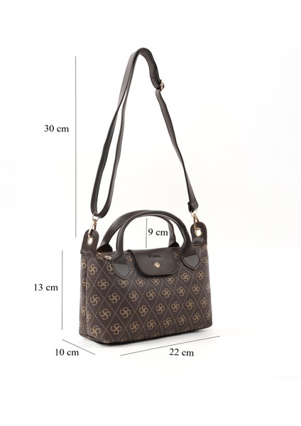 Monogram Baskılı Kahverengi SHK135 Suni Deri, Tek Bölmeli, Çift Askılı El, Kol ve Çapraz Omuz Çantası fiyatları