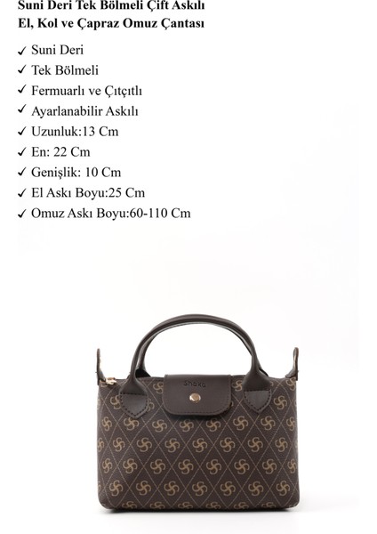 Monogram Baskılı Kahverengi SHK135 Suni Deri, Tek Bölmeli, Çift Askılı El, Kol ve Çapraz Omuz Çantası modelleri