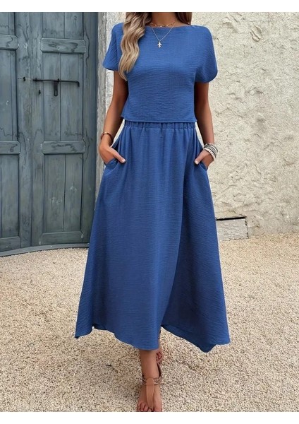 Kadın Kısa Kollu Bisiklet Yaka Bluz Etekli Ithal Keten Ikili Takım fırsatları