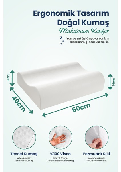 Yüksek Çift Boyun Destekli Ortopedik Visco Yastık 60X40X14-12CM modelleri