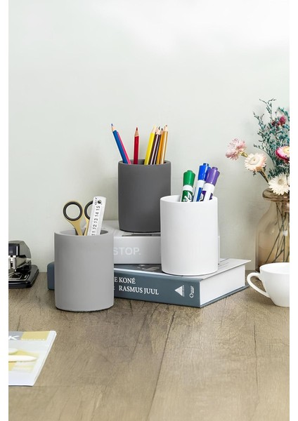 Dekoratif Beton Kalemlik 3’lü Set | Minimalist Organizer, Vazo, Saksı ve Diş Fırçalık