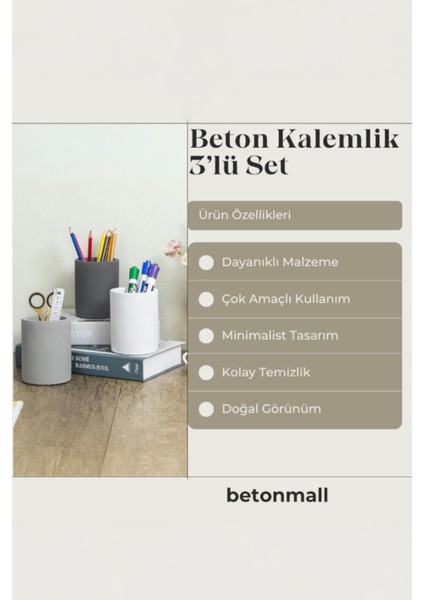 Dekoratif Beton Kalemlik 3’lü Set | Minimalist Organizer, Vazo, Saksı ve Diş Fırçalık