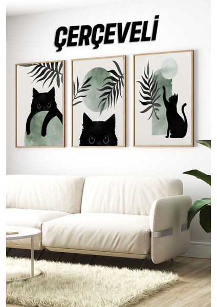 🌿 Yeşil Arka Planlı Siyah Kediler 3’lü Çerçeveli Tablo Seti 🏞️ CRV1036 23 x 32 indirimleri