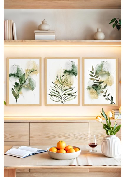 🌿doğal Yeşil Yapraklar Temalı Çerçeve Görünümlü 3’lü Tablo Seti ✨ CRVS1102 21 x 30