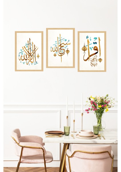 🌿 Allah Yazılı Altın ve Turkuaz Hat Sanatı 3’lü Çerçeve Görünümlü Tablo Seti 🌟 CRVS1084 13 x 17 fırsatları