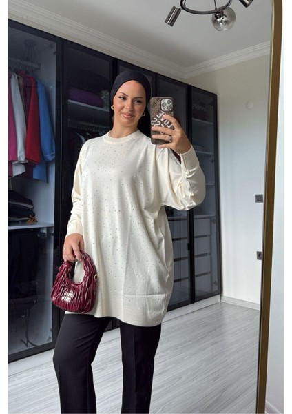 Kadın Ekru Taş Detaylı Uzun Kazak