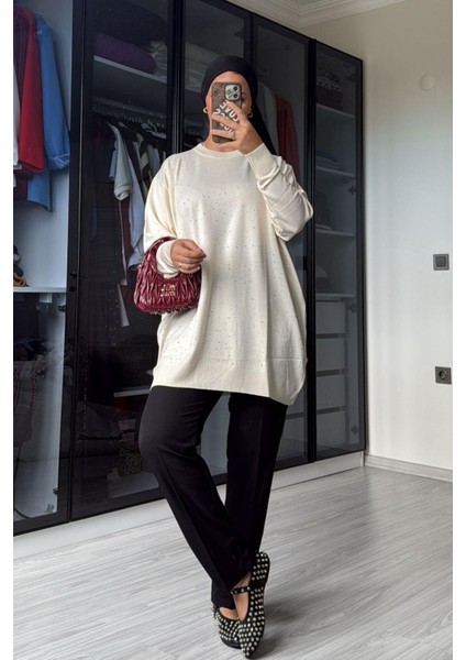 Kadın Ekru Taş Detaylı Uzun Kazak fiyatları