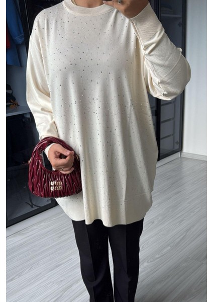 Kadın Ekru Taş Detaylı Uzun Kazak modelleri