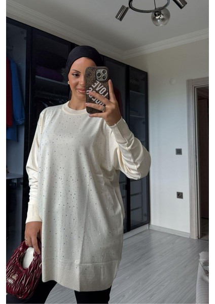 Kadın Ekru Taş Detaylı Uzun Kazak fırsatları