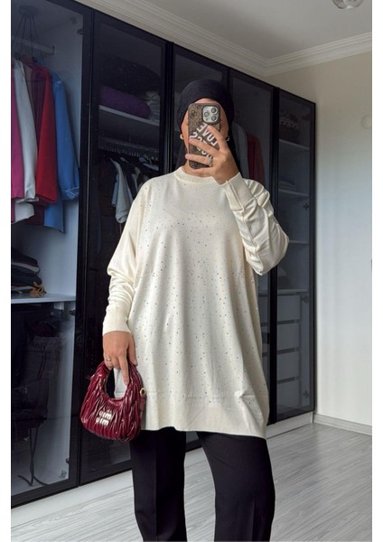 Kadın Ekru Taş Detaylı Uzun Kazak indirimleri